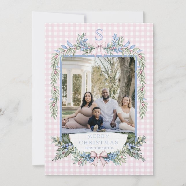 Invitation Grandmillennial Pink & Blue Holly Christmas (Devant)