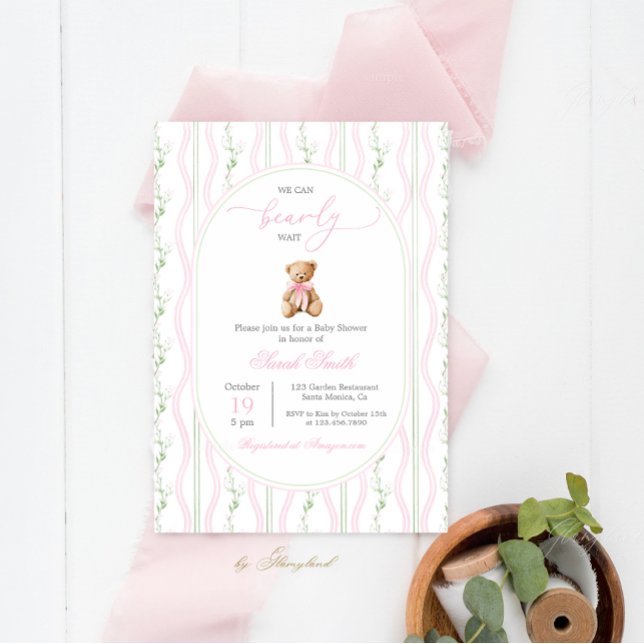 Invitation Grandmillennial Teddy Oear Baby shower fille (Créateur téléchargé)