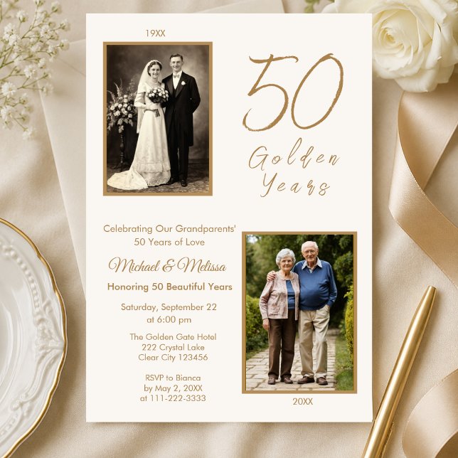 Invitation Grands-parents Célébration de 50 Années d'Or (Elegant ivory and gold grandparents 50th anniversary invitation with photo)