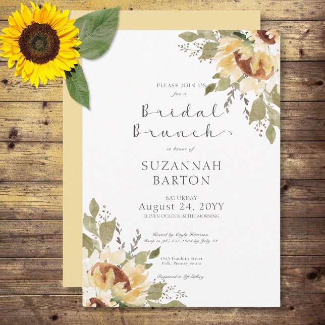Invitation Grands tournesols jaunes rustiques douces pour bru (Soft Rustic Large Yellow Sunflowers Bridal Brunch Invitation)