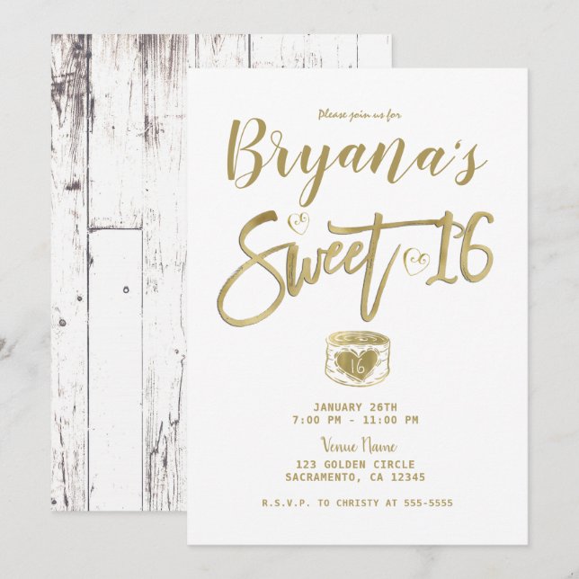 Invitation Grange Blanche Bois Doré Fête Douce 16 Ans Party (Devant / Derrière)