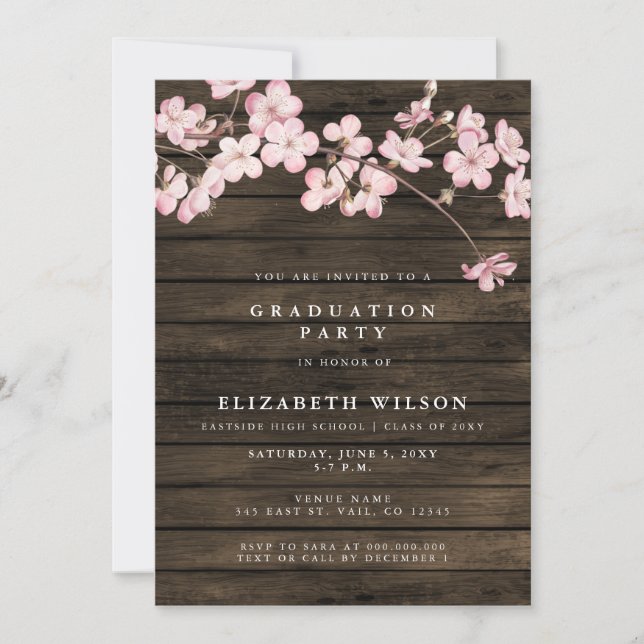 Invitation Grange Bois Sakura Fleurs de cerises roses Graduat (Devant)