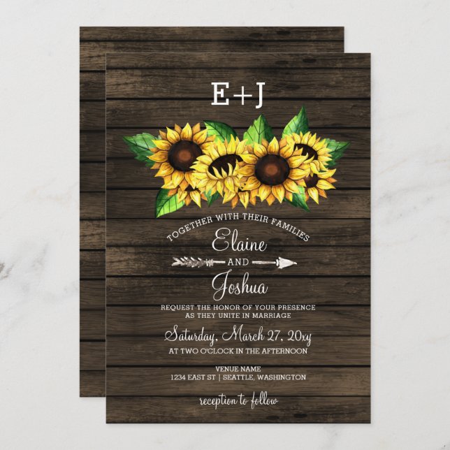 Invitation grange bois tournesol Pays Mariage rustique (Devant / Derrière)