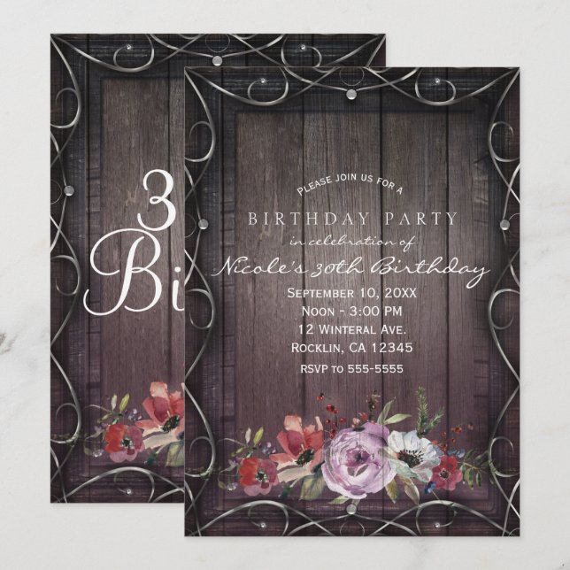 Invitation Grange Charme Rustique Bois & Fête d'Anniversaire  (Devant / Derrière)