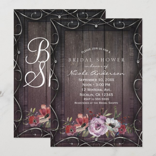 Invitation Grange Charme Rustique Bois Fleurir & Fleurs de Ma (Devant / Derrière)