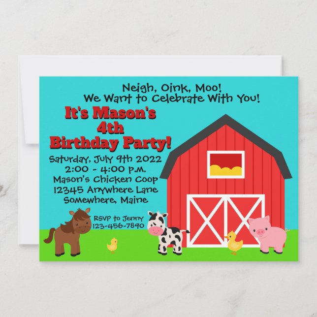 Invitation Grange Ferme Vache Cheval Cochon Anniversaire Fête (Devant)
