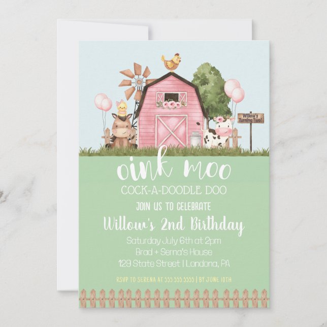 Invitation Grange rose Floral Animaux de ferme Anniversaire I (Devant)