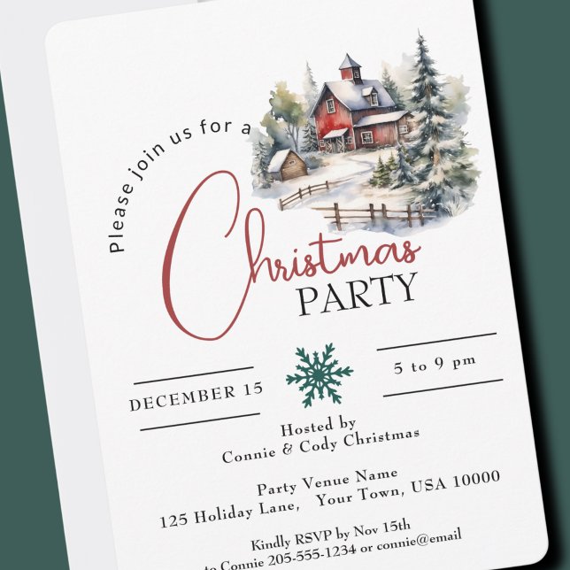 INVITATION GRANGE ROUGE DANS LA NEIGE, FÊTE DE NOËL (Christmas Party Invitation)