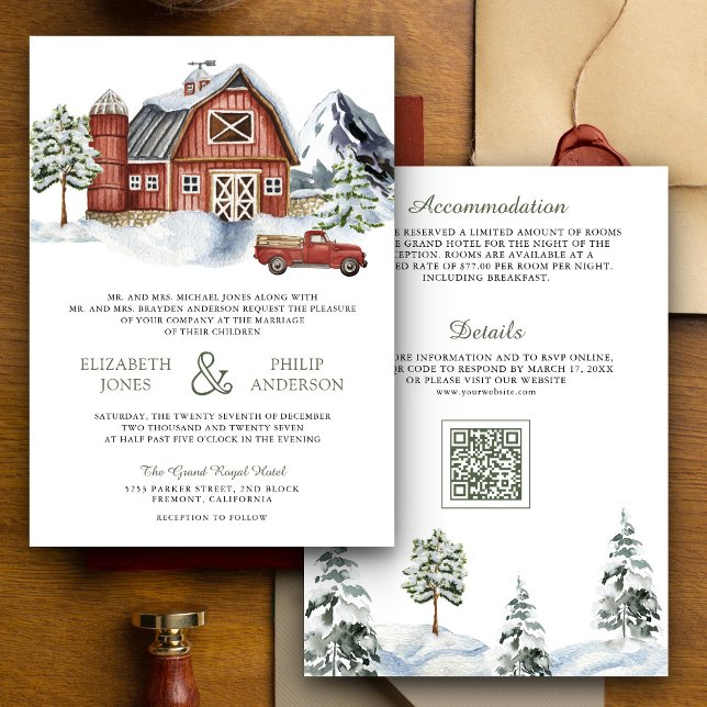 Invitation Grange Rouge enneigée Noël d'hiver Code QR Mariage (Créateur téléchargé)