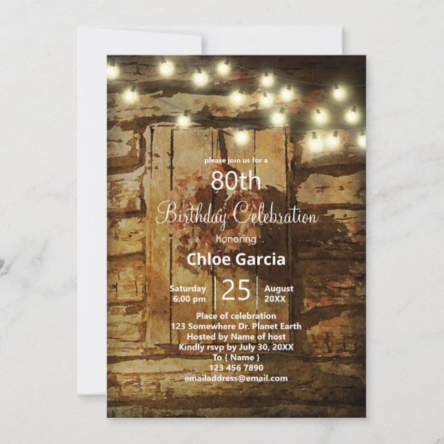 Invitation Grange rustique avec guirlandes lumineuses (Devant)