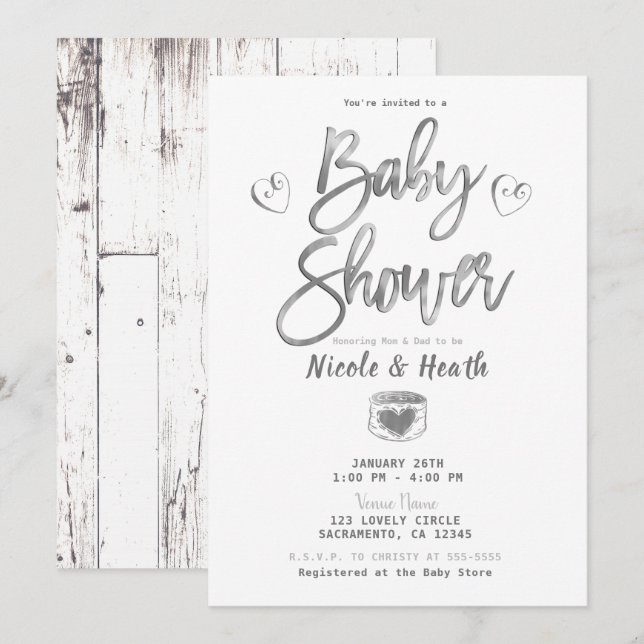 Invitation Grange Rustique Bois Blanc Argent Baby Shower (Devant / Derrière)