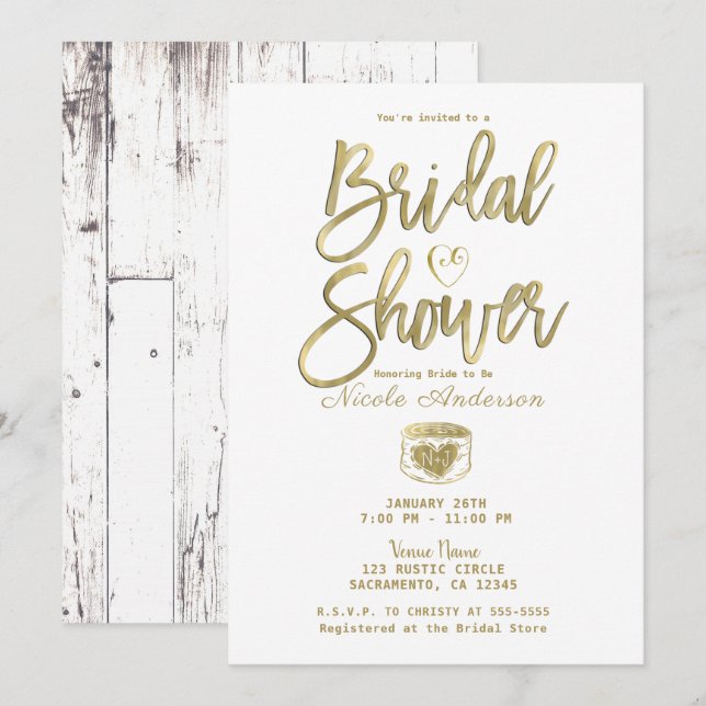 Invitation Grange Rustique Bois Blanc Or Fête de Mariage (Devant / Derrière)