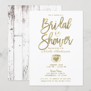 Invitation Grange Rustique Bois Blanc Or Fête de Mariage