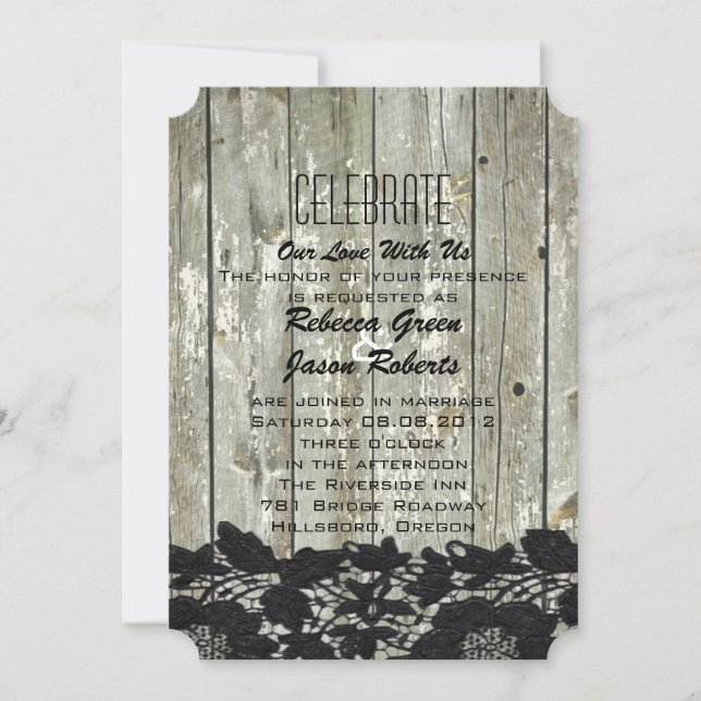 Invitation grange rustique bois dentelle noire mariage campag (Devant)