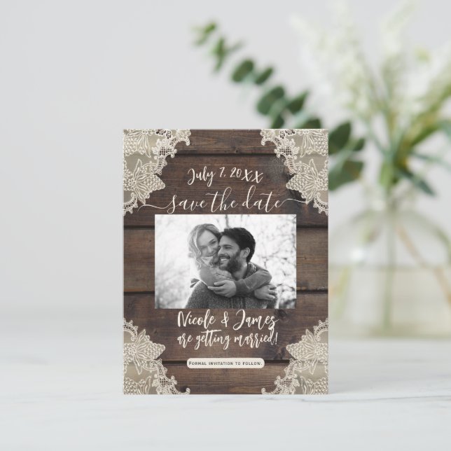 Invitation Grange Rustique Bois & Dentelle Romantique Enregis (Debout devant)