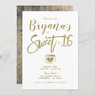 Invitation Grange rustique Bois Or & Blanc Chic Sweet 16 Part