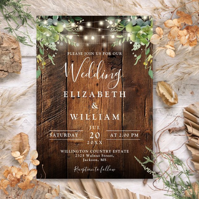 Invitation Grange rustique Chaîne de bois Lumières Mariage de (Rustic Barn Wood String Lights Greenery Wedding Invitation)