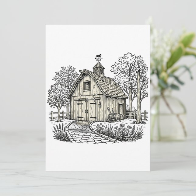 Invitation Grange rustique dans un verger (Debout devant)