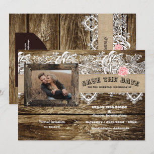 Invitation Grange Rustique & Dentelle Enregistrez la Date