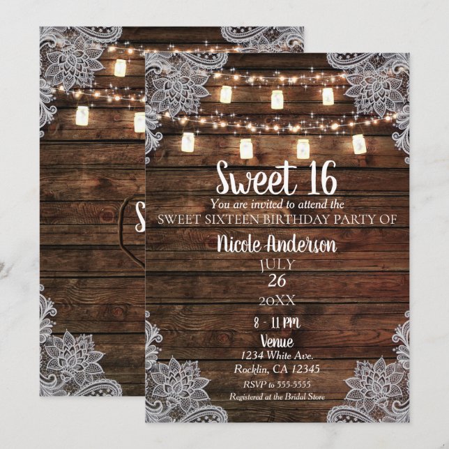 Invitation Grange Rustique en Bois & Pots Mason Fête Douce 16 (Devant / Derrière)