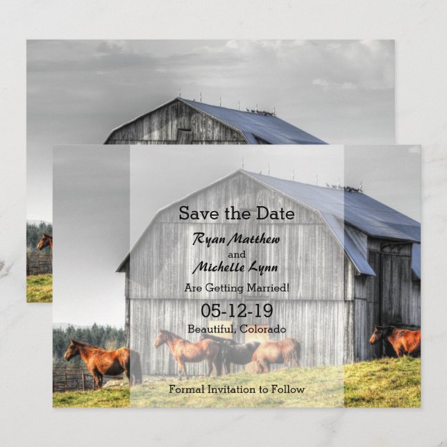 Invitation Grange rustique et chevaux Enregistrez la date de  (Devant / Derrière)