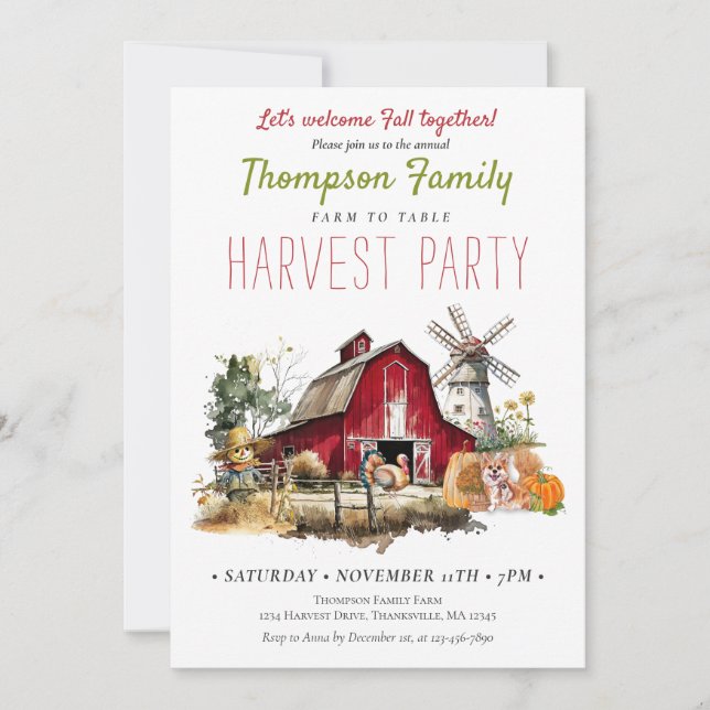 Invitation Grange Windmill Automne Harvest Party Thanksgiving (Devant)