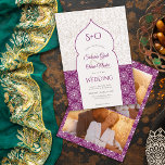 Invitation Grape Moroccan floral initials 3 photo wedding<br><div class="desc">Our Moroccan inspired wedding invitations with a beautiful purple jewel grape arch and floral wooden texture color block are the perfect choice for a unique and unforgettable wedding celebration. Get ready to impress your guests and set the tone for your big day, featuring pretty initials, add 3 of your photos,...</div>