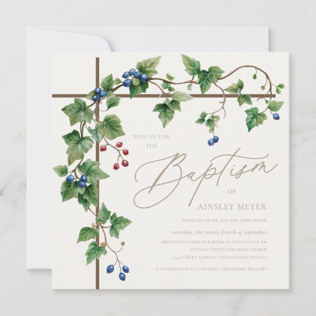 Invitation Grapevine Couvert Gold Script Baptême (Devant)
