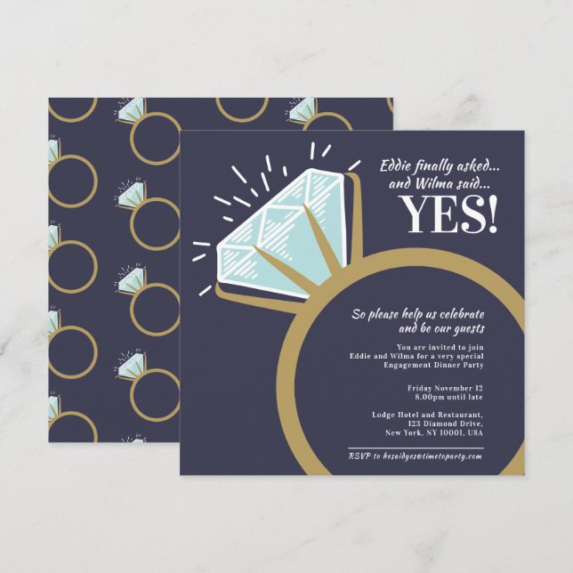 Invitation Graphique d'anneau d'or diamant de la partie d'eng (Devant / Derrière)