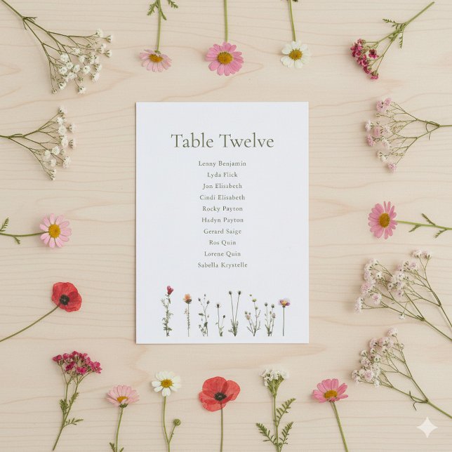 Invitation Graphique de sièges de fleurs sauvages (Wildflowers table number name chart card.)
