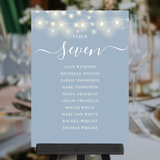 Invitation Graphique de table de numéro d'emplacement de lumi (Dusty Blue Lights Table Number Seating Chart)