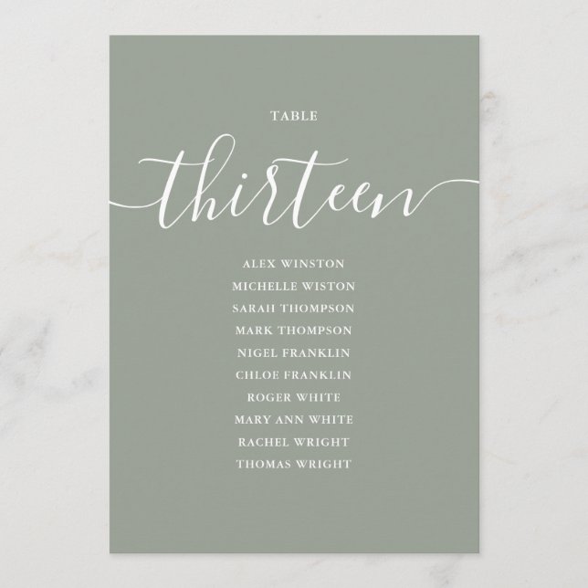 Invitation Graphique de table numéro 13 vert sauge écriture (Devant)