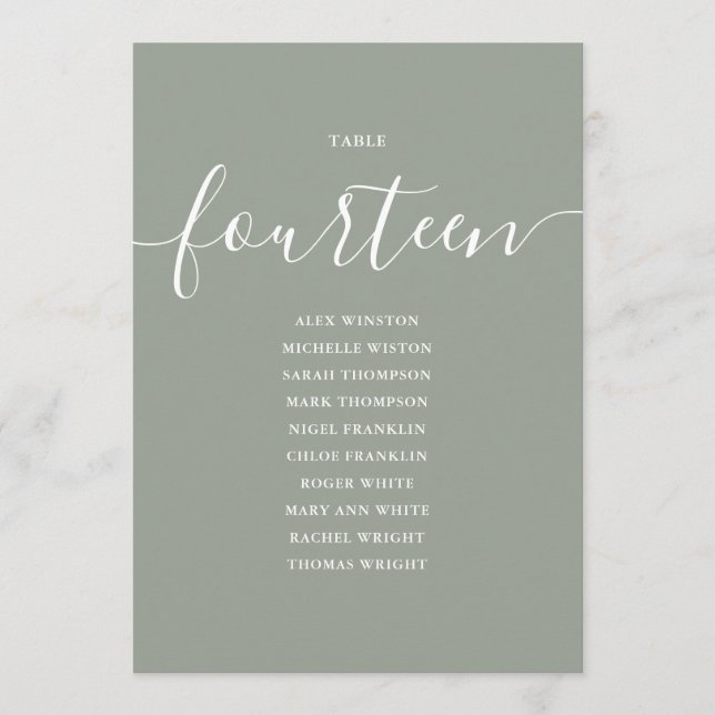 Invitation Graphique de table numéro 14 vert sauge écriture (Devant)