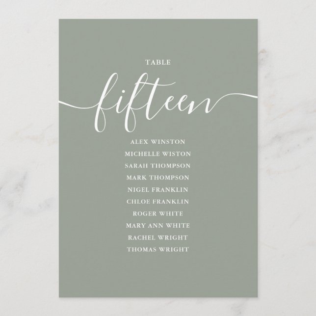 Invitation Graphique de table numéro 15 vert sauge écriture (Devant)