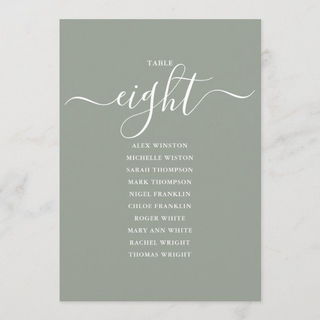 Invitation Graphique de table numéro 8 vert sauge écriture (Devant)