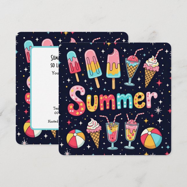 Invitation Graphiques de plaisir de fête d'été sur fond noir (Devant / Derrière)