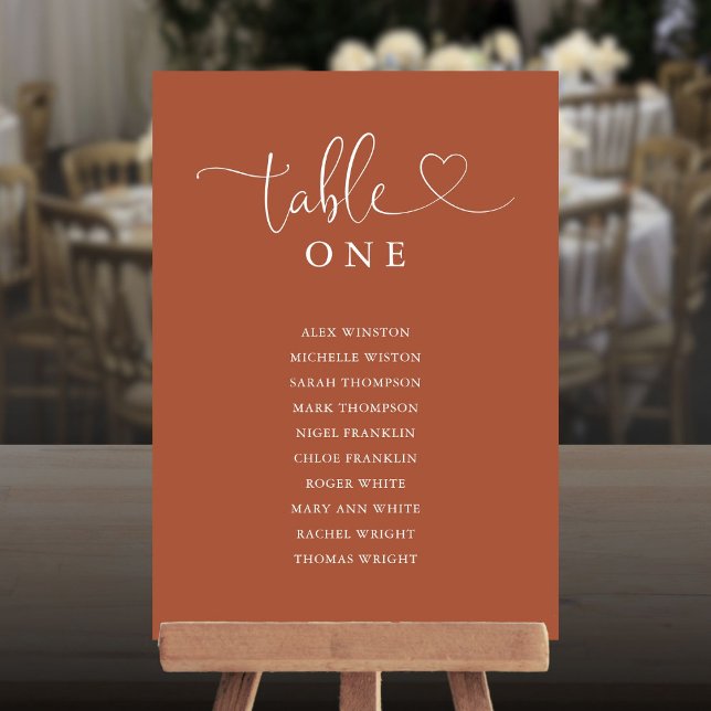 Invitation Graphisme de cœur en terre cuite Tableau Numéro Pl (Heart Script Terracotta Table Number Seating Chart)