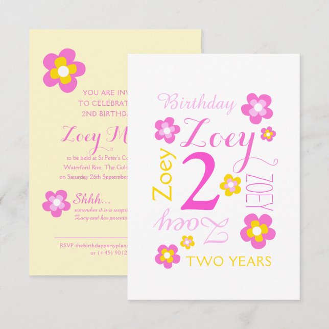 Invitation Graphisme de fleurs pour 2e anniversaire jaune ros (Devant / Derrière)