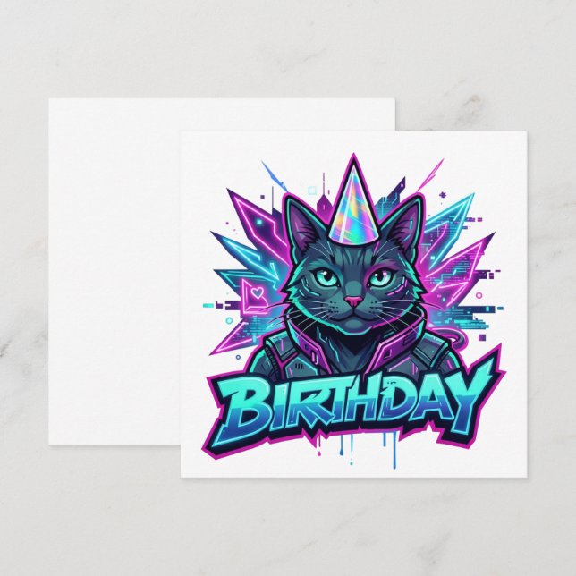 Invitation Graphisme pour fête d'anniversaire de chat cyberpu (Devant / Derrière)