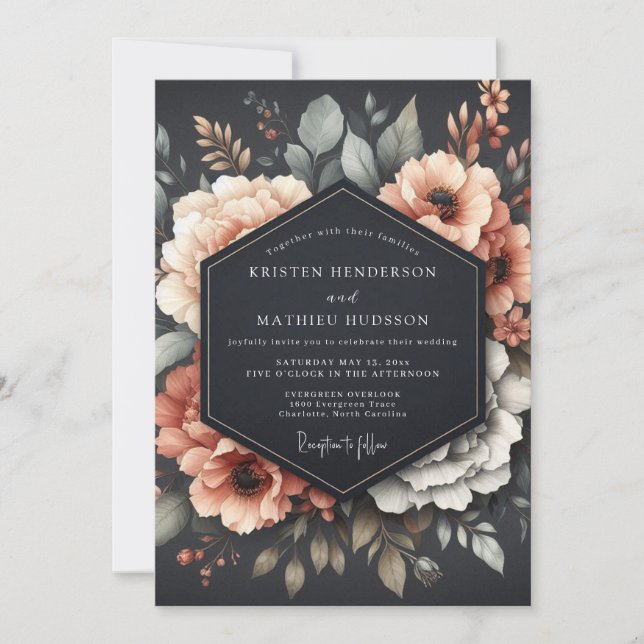 Invitation Graphite Corail Flore Sombre Mariage (Devant)