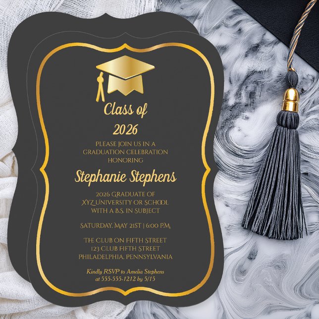 Invitation Graphite Élégant | Fête de Remise des Diplômes Cas (Elegant Graphite and Gold Tone Grad Cap Graduation Party Invitation - Print |  Download)