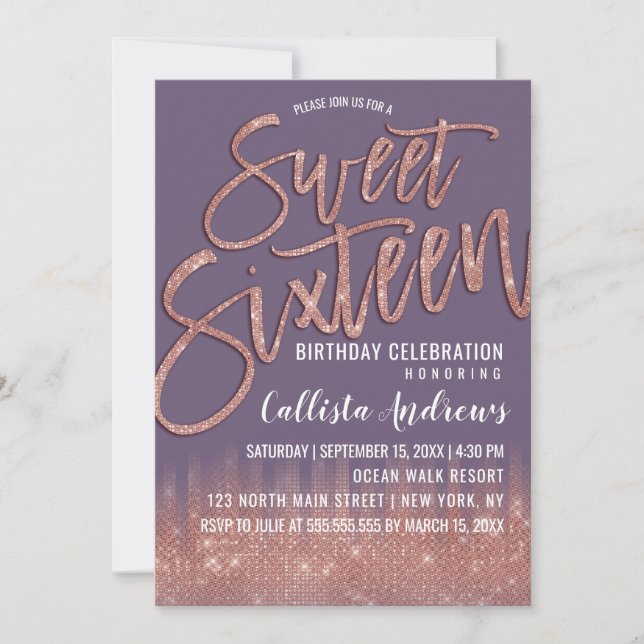 Invitation Grappe violet Rose or Parties scintillant Typograp (Devant)