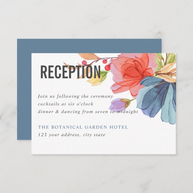 Invitation Gras Aquarelle Fleur sauvage Mariage bleu Réceptio (Devant / Derrière)