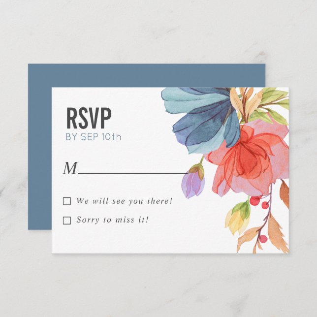 Invitation Gras Aquarelle Fleurs sauvages Bleu mariage RSVP (Devant / Derrière)