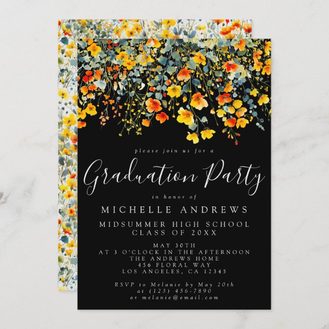 Invitation Gras Black Summer Floral Graduation Party (Devant / Derrière)