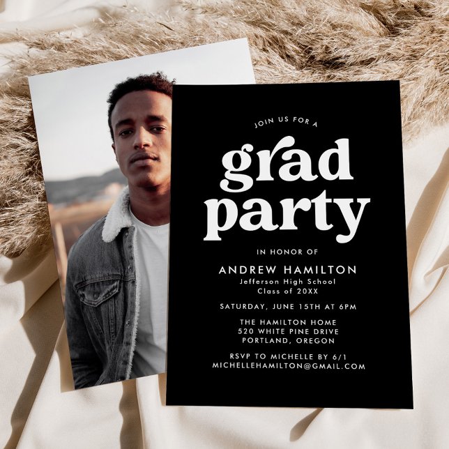 Invitation Gras Black Typography Photo Graduation Party (Créateur téléchargé)