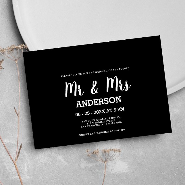 Invitation Gras blanc noir manuscrit M. MRS mariage (Bold white black handwritten script MR MRS wedding )