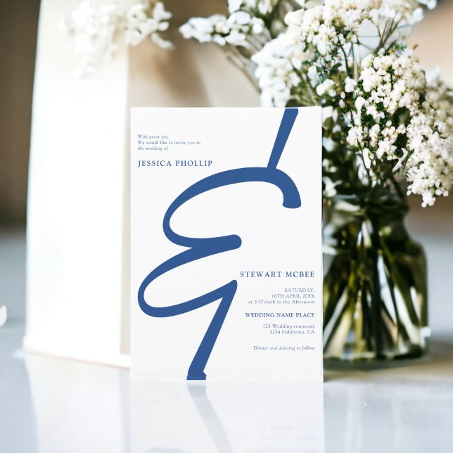 Invitation Gras bleu blanc tout en un mariage de calligraphie (Bold blue white all in one calligraphy wedding invitation)