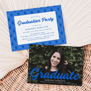 Invitation Gras Blue Script Photo Graduation Party