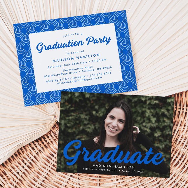 Invitation Gras Blue Script Photo Graduation Party (Créateur téléchargé)